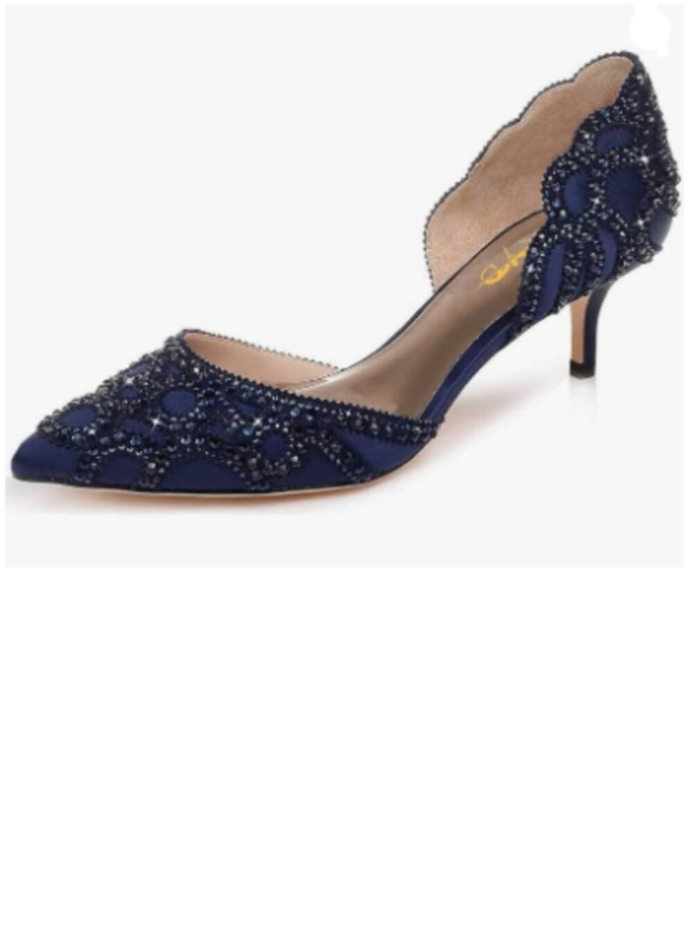XYD Navy Pointed Toe D'Orsay Kitten Heel Rhinestone Pump Slip-On Satin Shoes